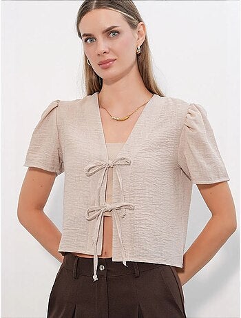 Getextureerd crop-top van linnenmix met v-hals bdart