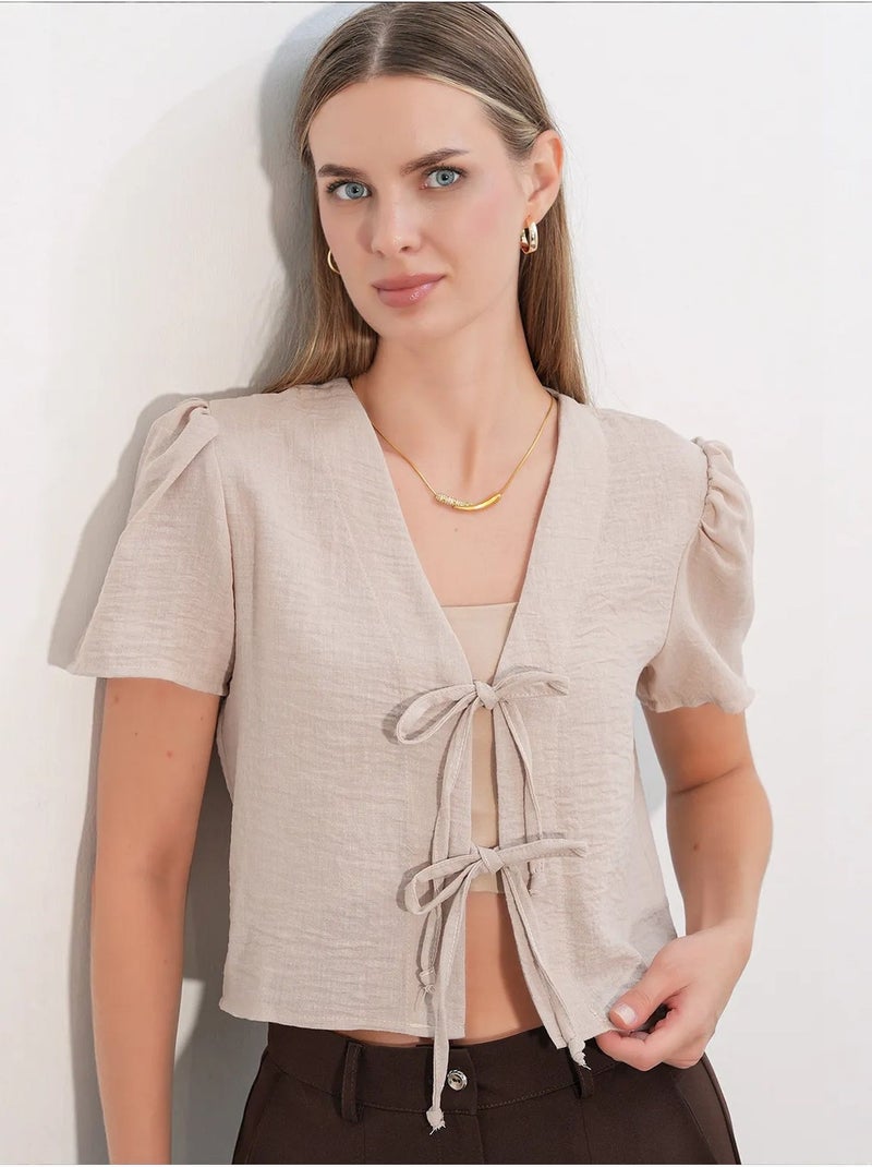 Getextureerd crop-top van linnenmix met v-hals bdart Klei-beige - Kiabi