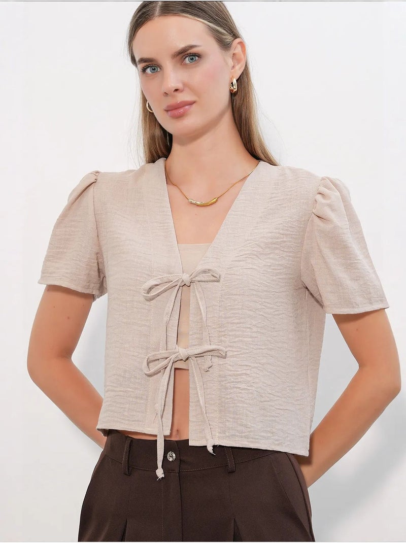 Getextureerd crop-top van linnenmix met v-hals bdart Klei-beige - Kiabi