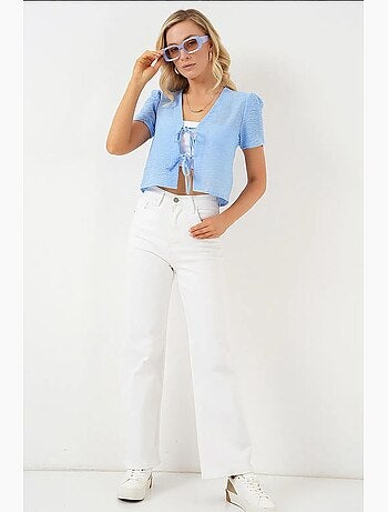 Getextureerd crop-top van linnenmix met v-hals bdart
