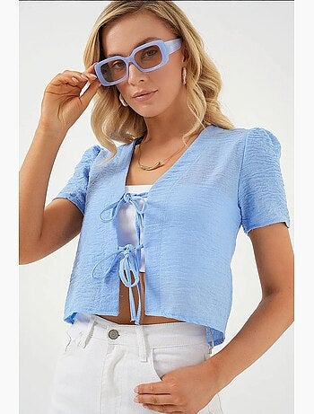 Getextureerd crop-top van linnenmix met v-hals bdart