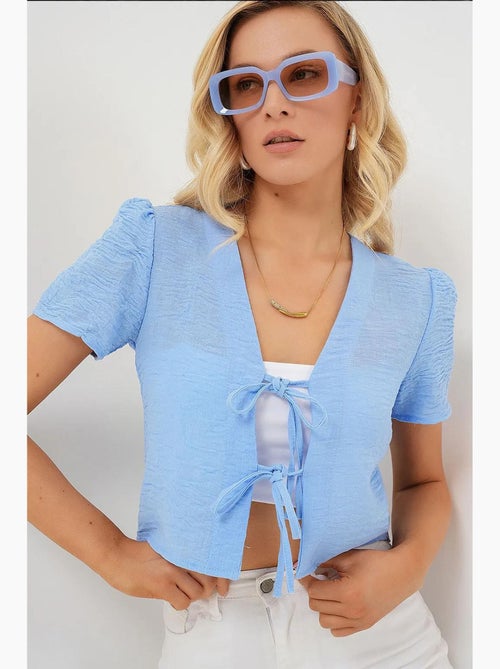 Getextureerd crop-top van linnenmix met v-hals bdart - Kiabi