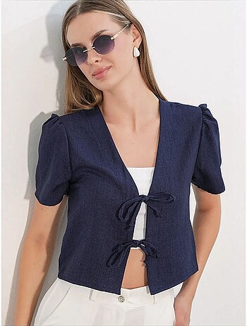 Getextureerd crop-top van linnenmix met v-hals bdart
