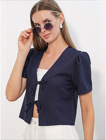 Getextureerd crop-top van linnenmix met v-hals bdart