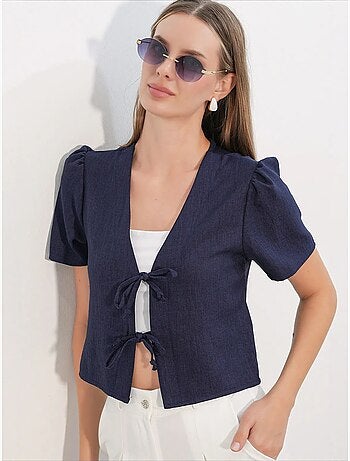 Getextureerd crop-top van linnenmix met v-hals bdart