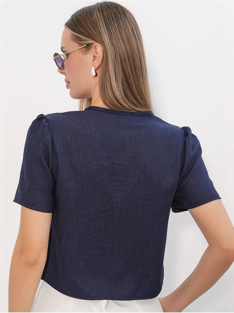Getextureerd crop-top van linnenmix met v-hals bdart Marineblauw - Kiabi