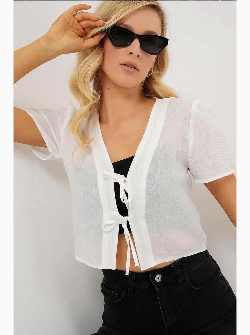 Getextureerd crop-top van linnenmix met v-hals bdart Wit - Kiabi