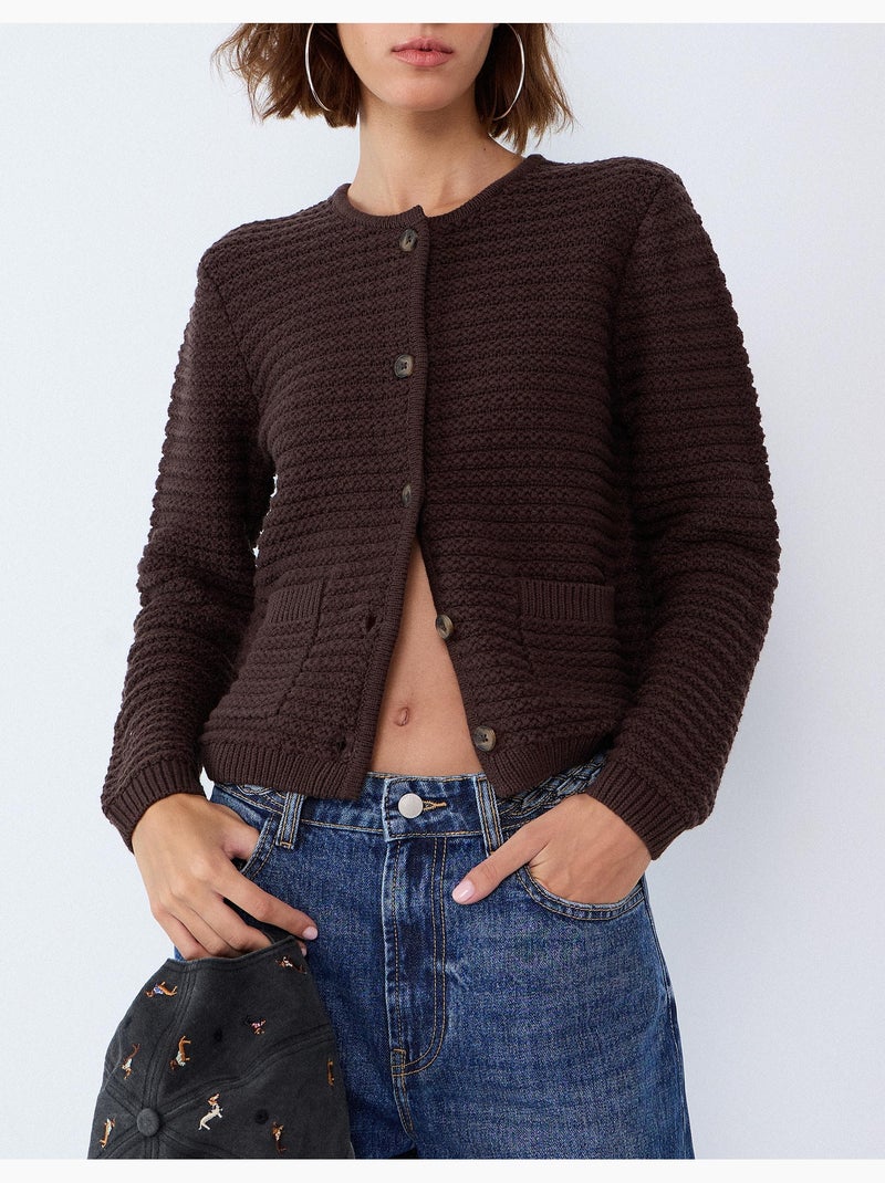 Getextureerd gebreid jasje, mo fashion Bruin - Kiabi