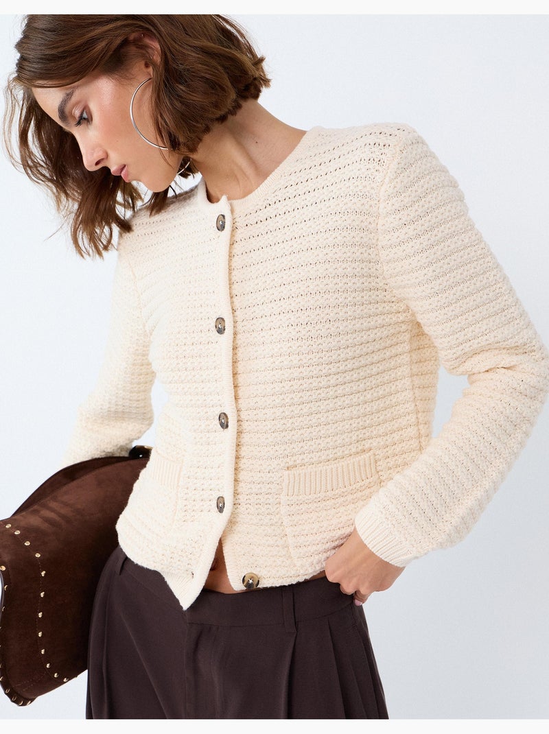 Getextureerd gebreid jasje, mo fashion Ecru - Kiabi