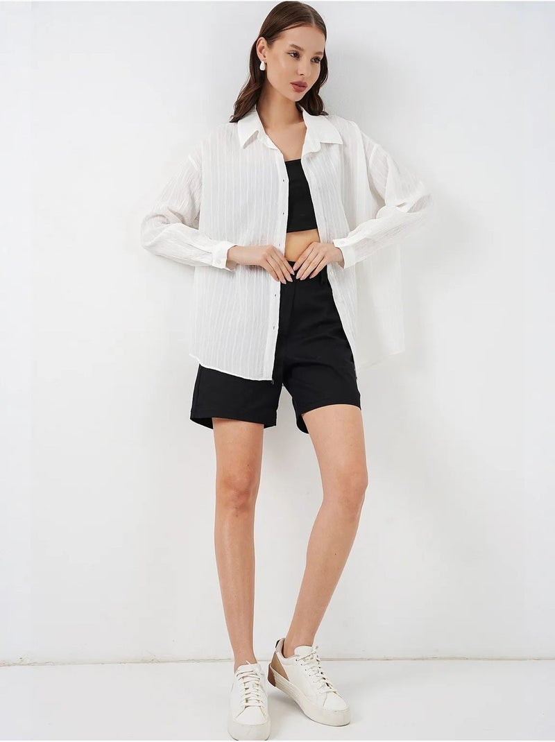 Getextureerd gestreept oversized overhemd met knoopsluiting bdart Gebroken wit - Kiabi