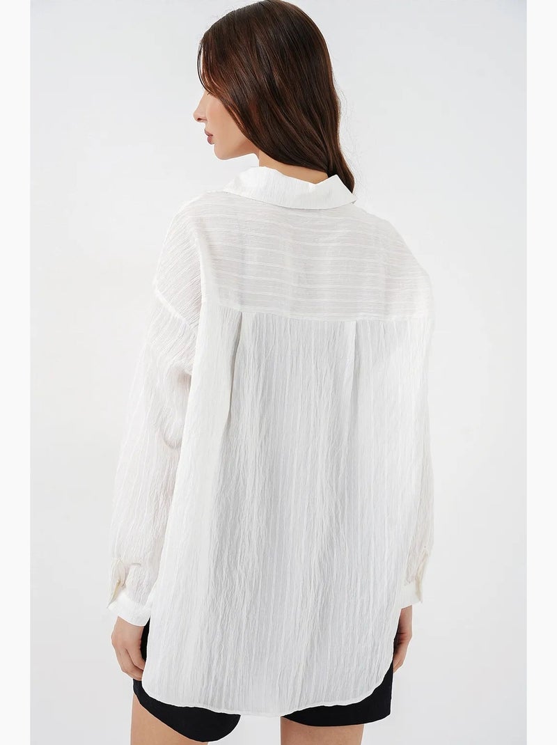 Getextureerd gestreept oversized overhemd met knoopsluiting bdart Gebroken wit - Kiabi