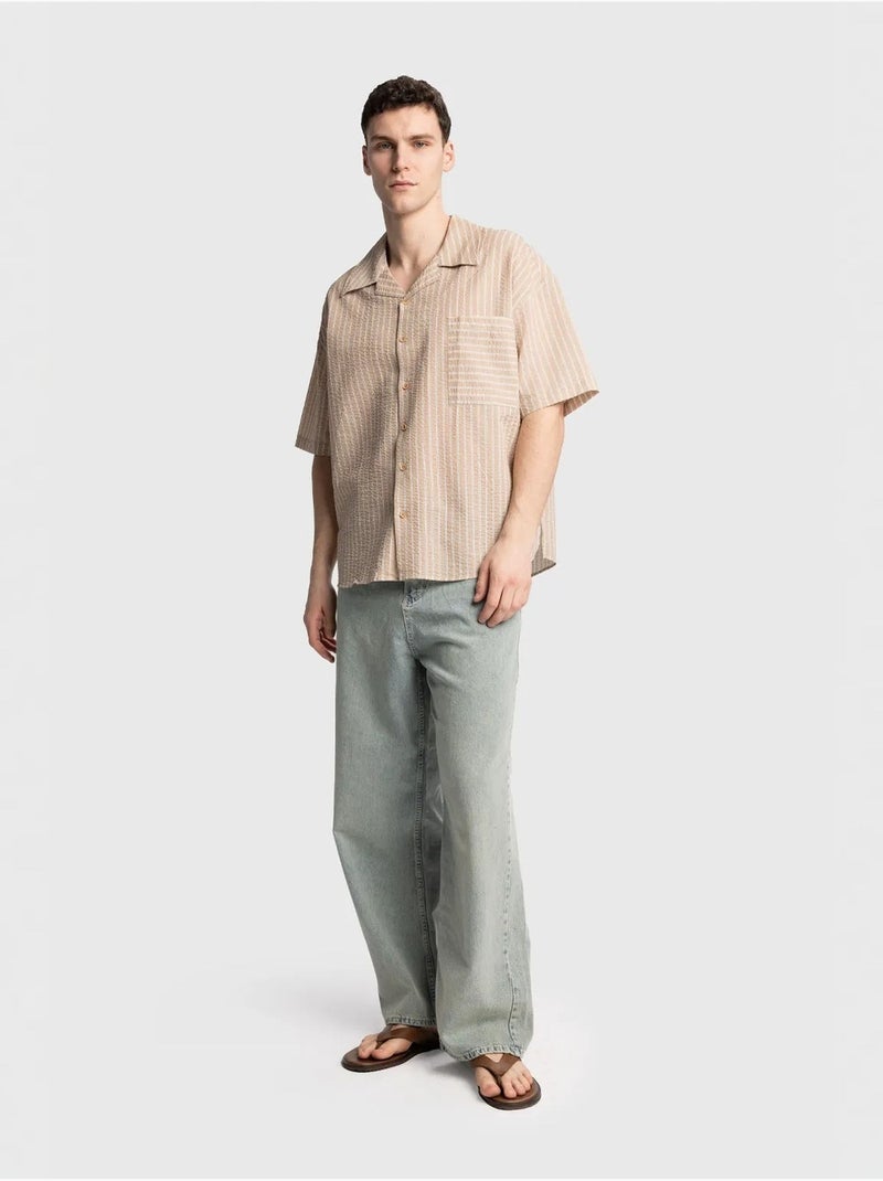 Getextureerd gestreept shirt met korte mouwen en borstzak giesto Klei-beige - Kiabi