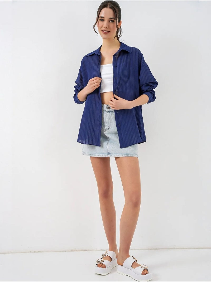 Getextureerd overhemd met lange mouwen en knoopsluiting bdart Marineblauw - Kiabi