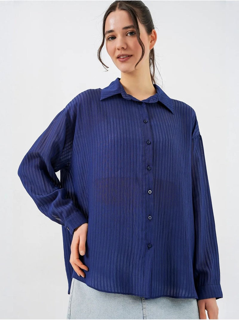 Getextureerd overhemd met lange mouwen en knoopsluiting bdart Marineblauw - Kiabi