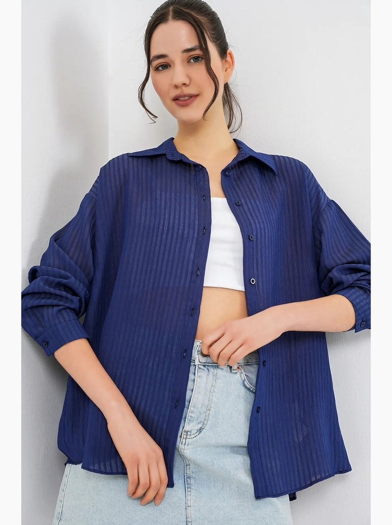 Getextureerd overhemd met lange mouwen en knoopsluiting bdart Marineblauw - Kiabi