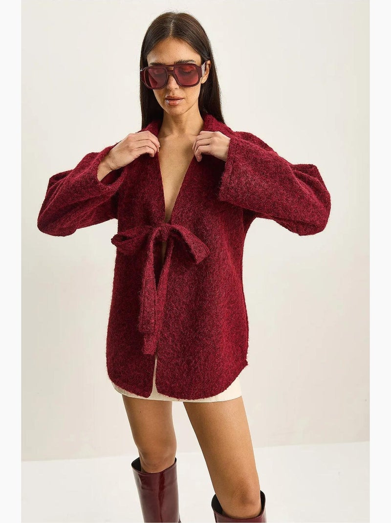 Getextureerd oversized vest met v-hals en striksluiting lucci Bordeauxrood - Kiabi