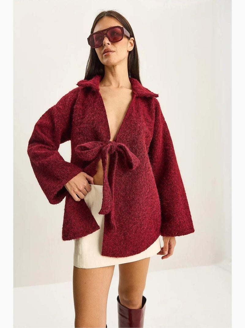 Getextureerd oversized vest met v-hals en striksluiting lucci Bordeauxrood - Kiabi