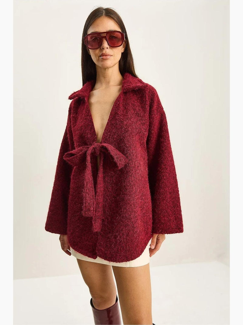 Getextureerd oversized vest met v-hals en striksluiting lucci Bordeauxrood - Kiabi