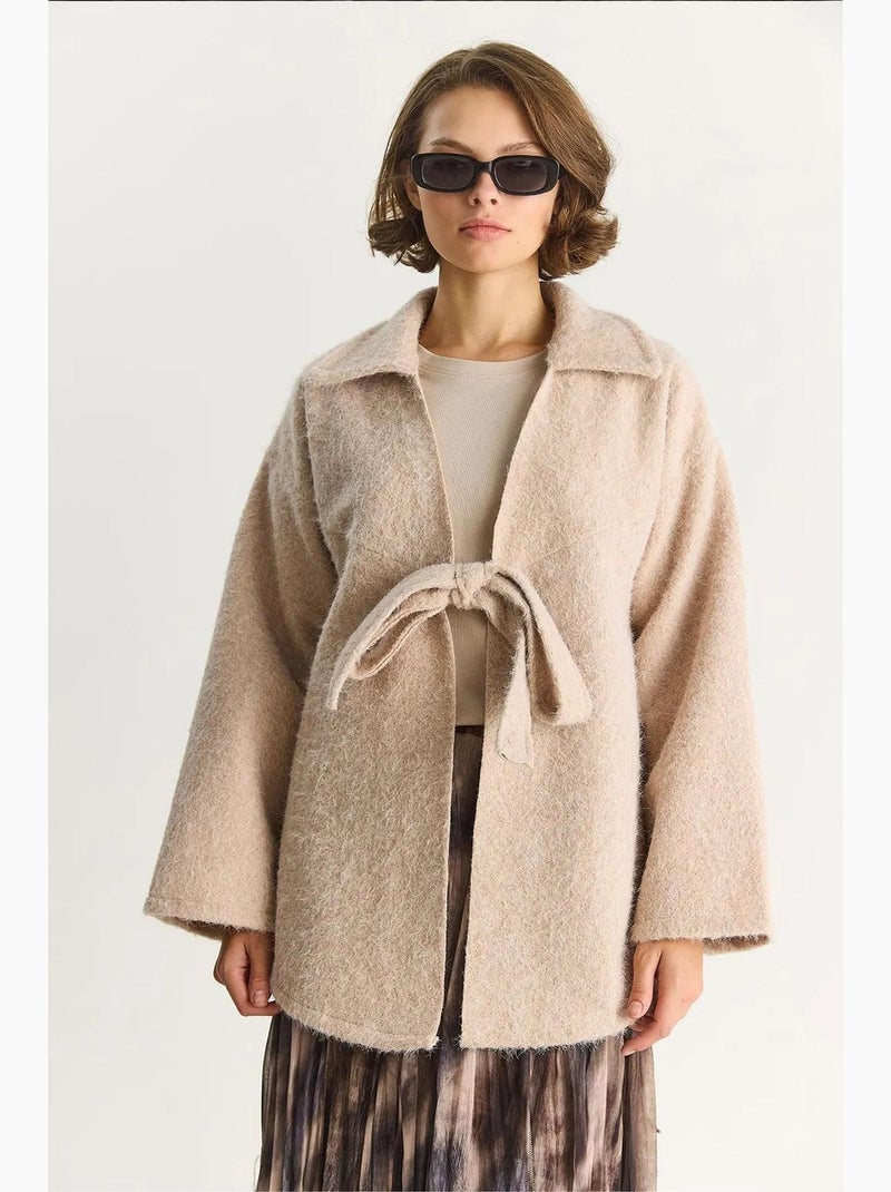Getextureerd oversized vest met v-hals en striksluiting lucci Klei-beige - Kiabi