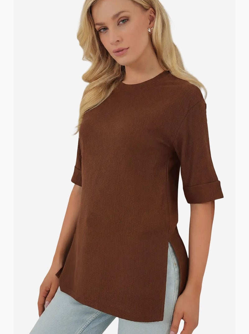 Getextureerd t-shirt met ronde hals en korte mouwen bdart Chocoladebruin - Kiabi