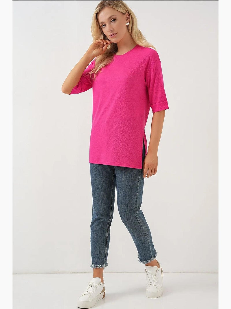 Getextureerd t-shirt met ronde hals en korte mouwen bdart Fluorroze/Solinotes - Kiabi