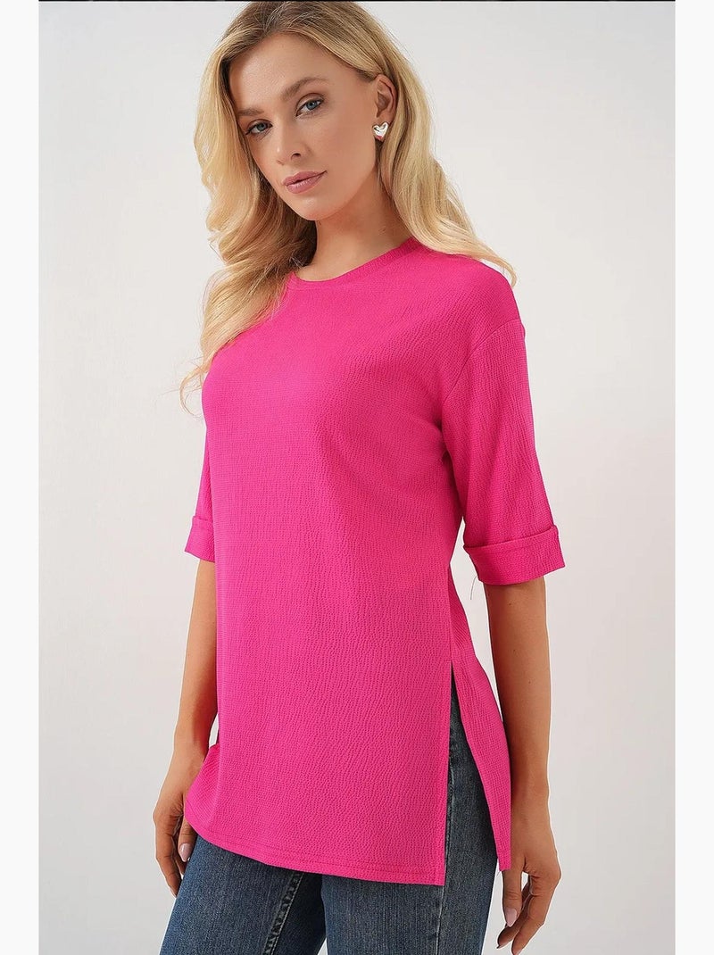 Getextureerd t-shirt met ronde hals en korte mouwen bdart Fluorroze/Solinotes - Kiabi
