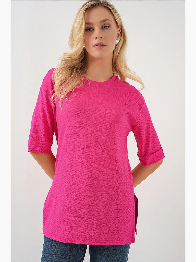 Getextureerd t-shirt met ronde hals en korte mouwen bdart Fluorroze/Solinotes - Kiabi