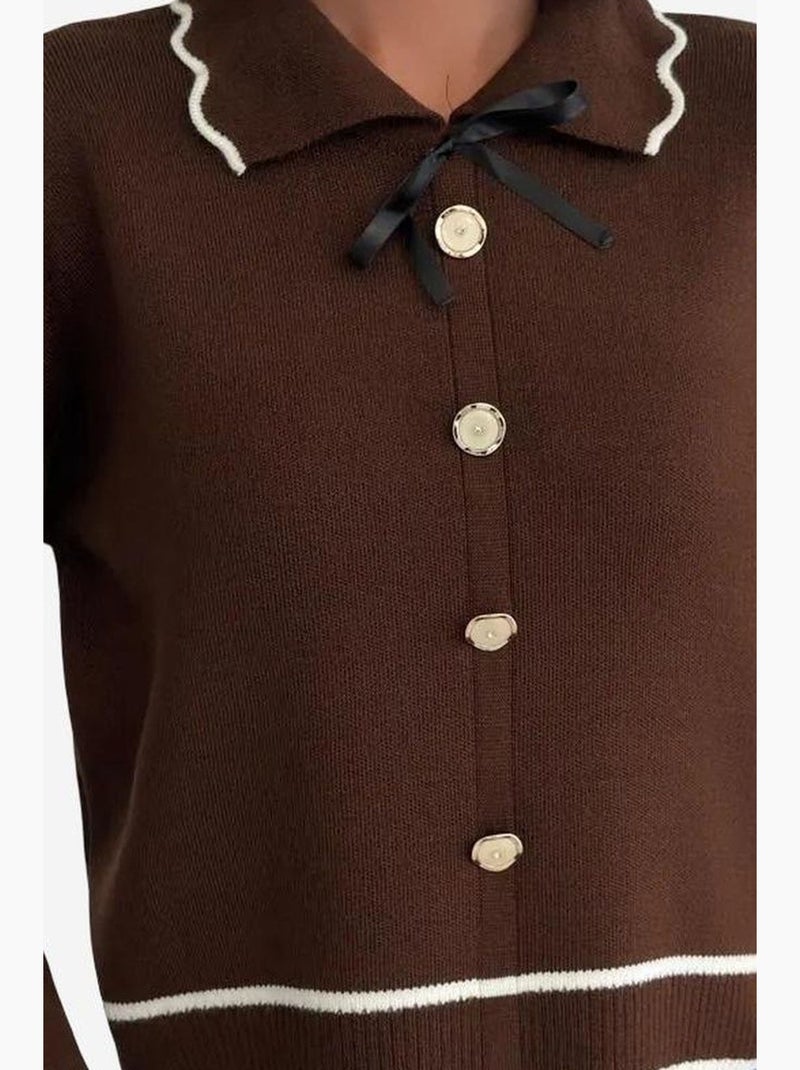 Getextureerde gebreide trui met polokraag en lintdetail my fashion Chocoladebruin - Kiabi