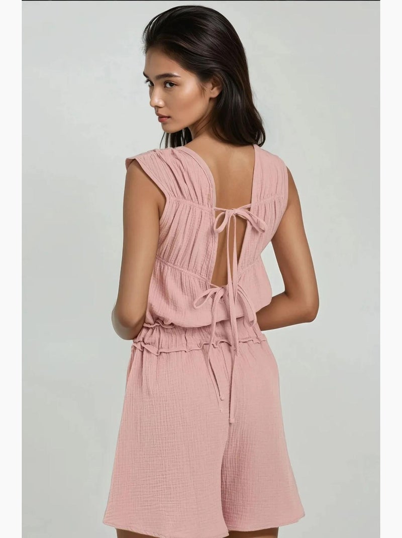 Getextureerde jumpsuit met korte pijpen en ronde hals hiccup Suikerroze - Kiabi