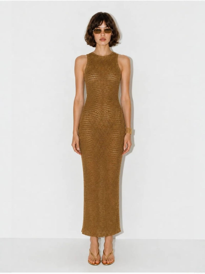 Getextureerde mouwloze bodycon maxi-jurk van viscose lucci Camel - Kiabi