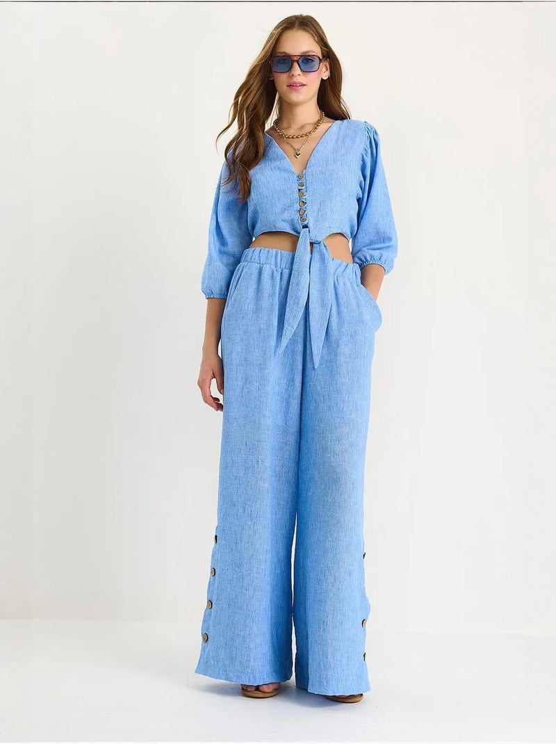 Getextureerde v-hals co-ord set met lange mouwen, tweedelig lucci Saffierblauw - Kiabi