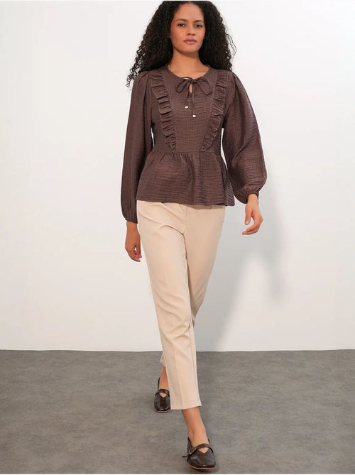 Geweven blouse met ruches en striksluiting bdart - Kiabi