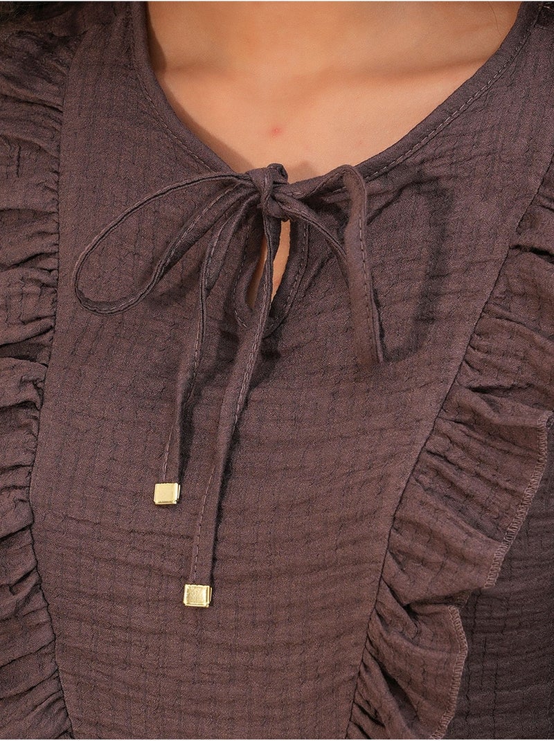 Geweven blouse met ruches en striksluiting bdart Chocoladebruin - Kiabi