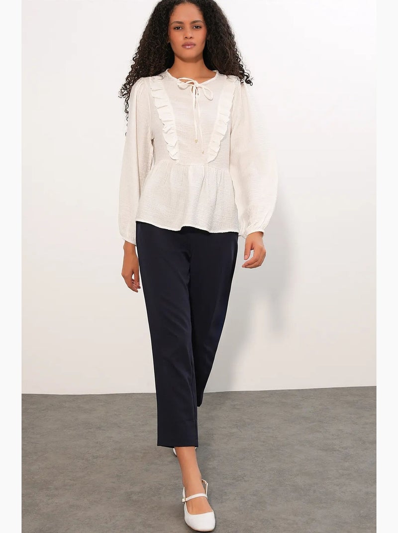 Geweven blouse met ruches en striksluiting bdart Wit - Kiabi