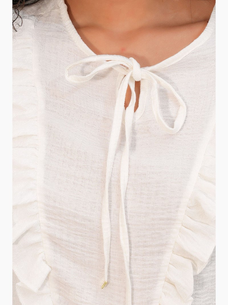 Geweven blouse met ruches en striksluiting bdart Wit - Kiabi