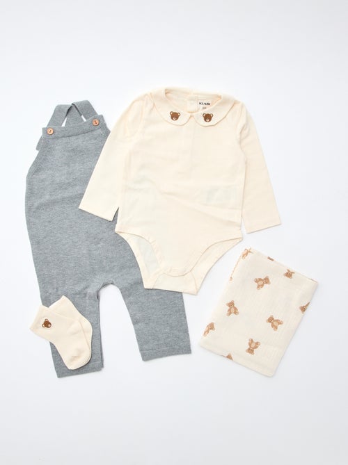 GIFTBOX - Lange salopette van tricot + rompertje + luierdoek van luchtig katoen + sokken - Kiabi