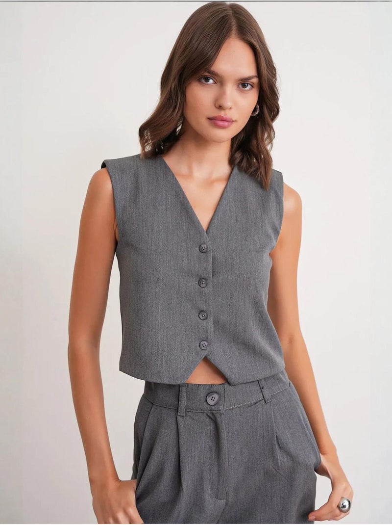 Gilet boutonné à col en v mixray Gris foncé - Kiabi