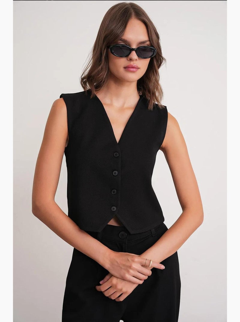 Gilet boutonné à col en v mixray Noir - Kiabi