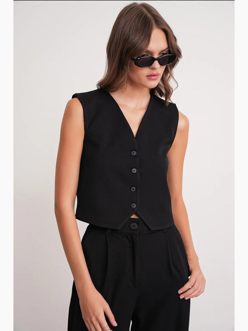 Gilet boutonné à col en v mixray Noir - Kiabi