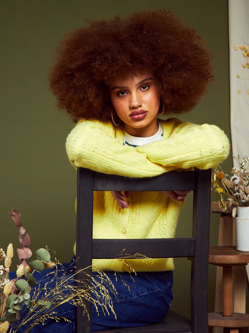 Gilet boutonné en maille ajourée Jaune - Kiabi