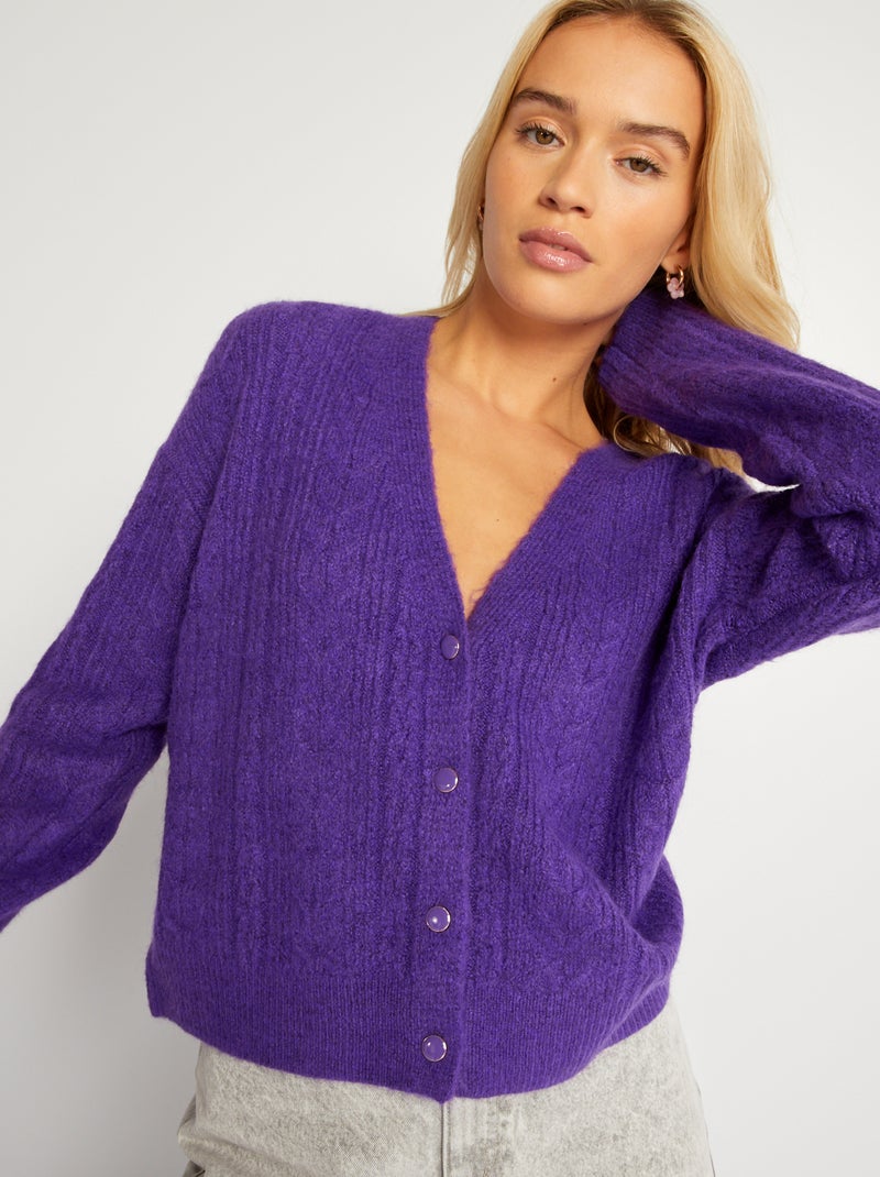 Gilet boutonné en maille ajourée Violet - Kiabi