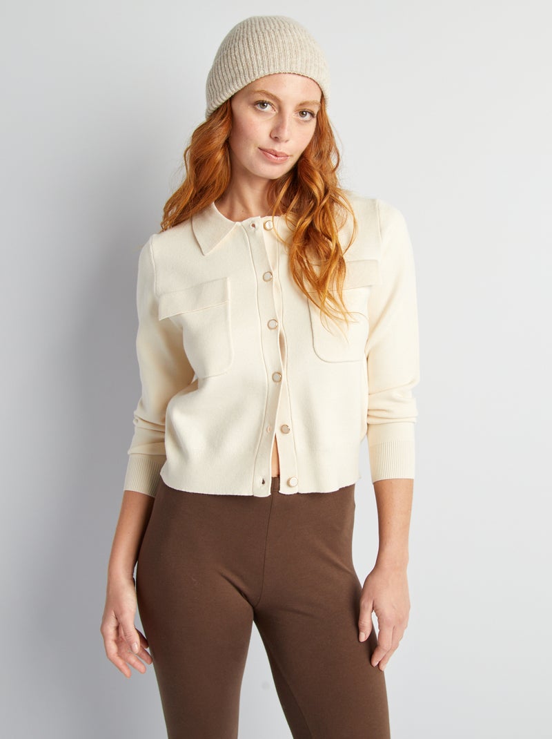 Gilet boutonné en maille avec col polo Blanc - Kiabi