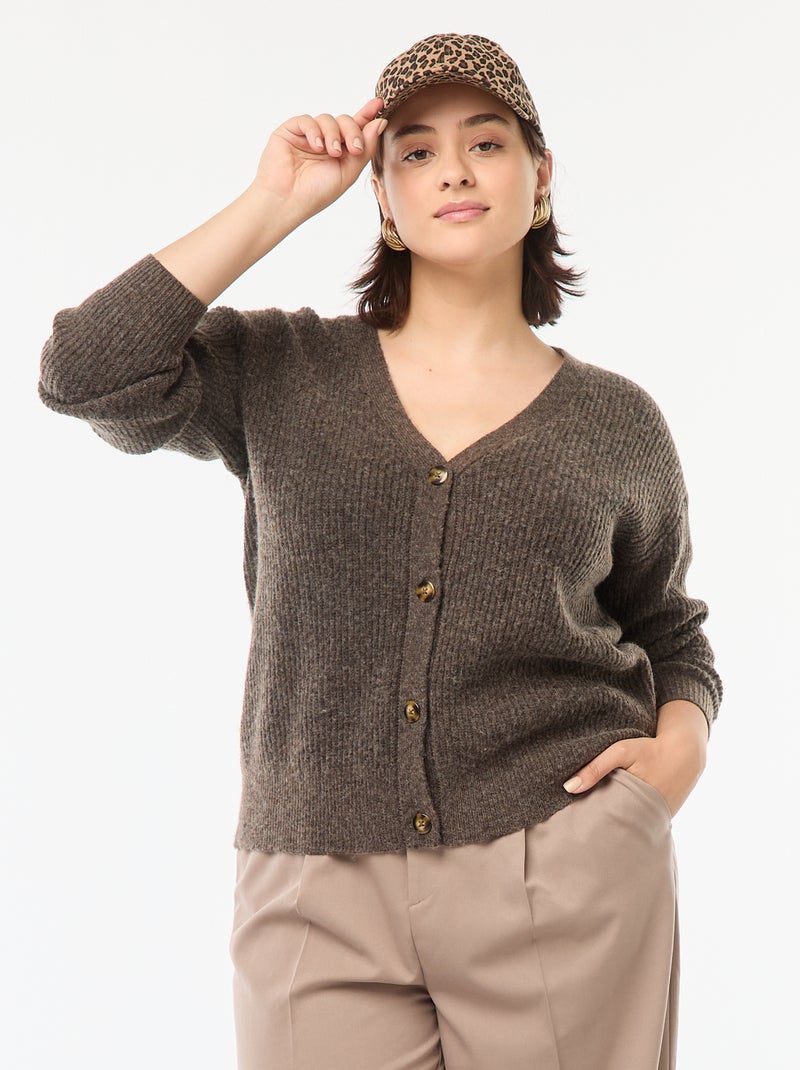 Gilet cardigan en maille côtelée Marron - Kiabi