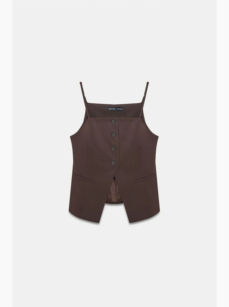 Gilet cintré en crêpe à col carré dilvin Marron chocolat - Kiabi