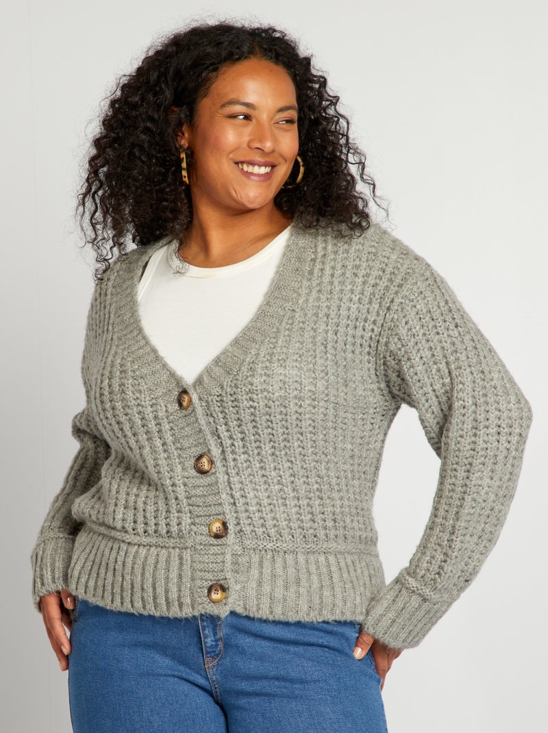 Gilet col V en maille grosse jauge Gris - Kiabi