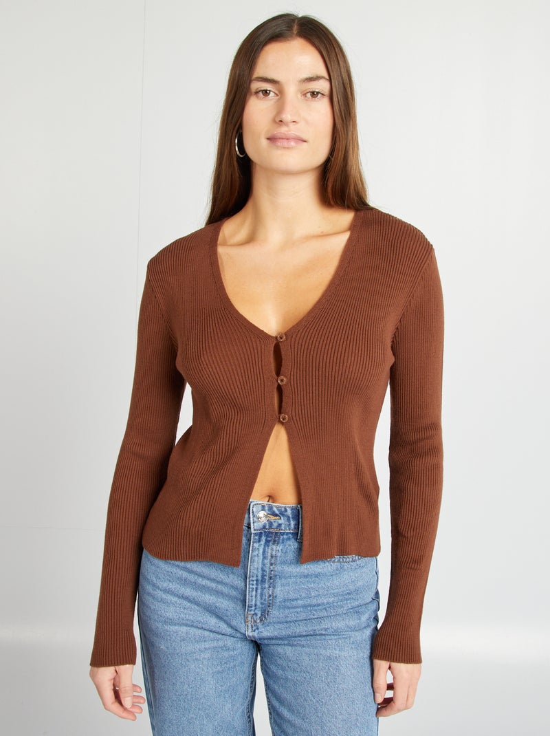 Gilet cropped en maille côtelée Marron - Kiabi