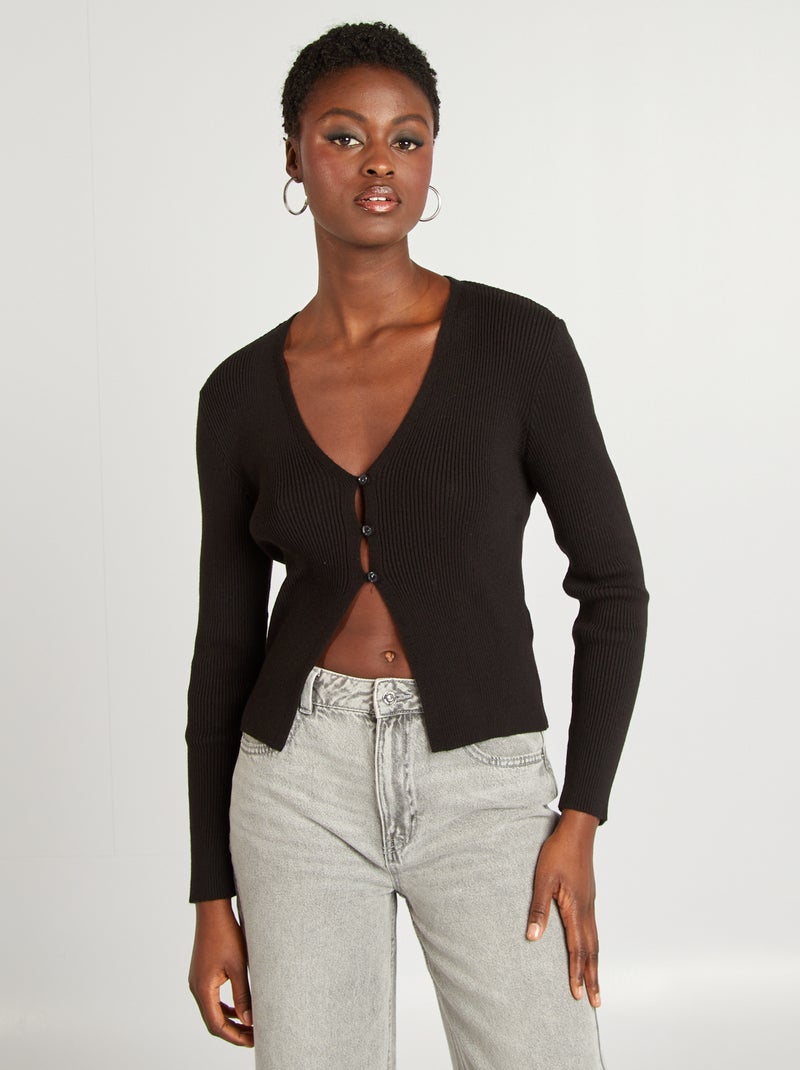 Gilet cropped en maille côtelée Noir - Kiabi