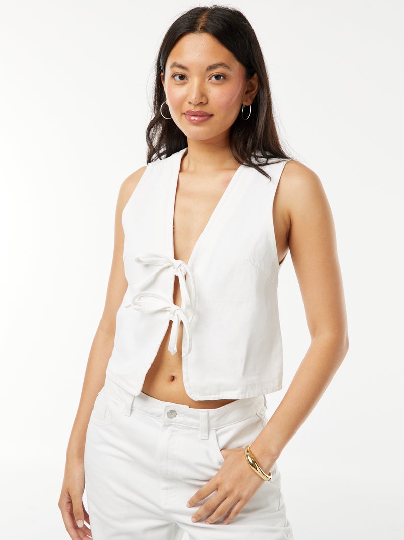 Gilet denim sans manches ouverture nouée Blanc - Kiabi