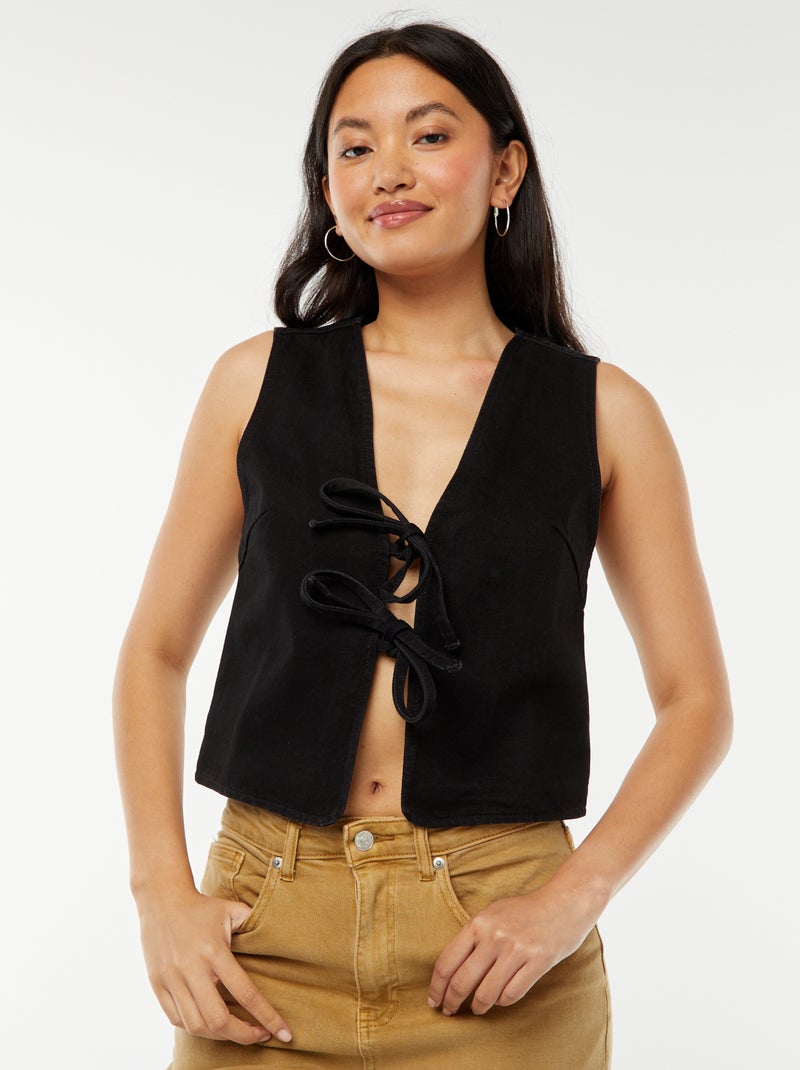 Gilet denim sans manches ouverture nouée Noir - Kiabi
