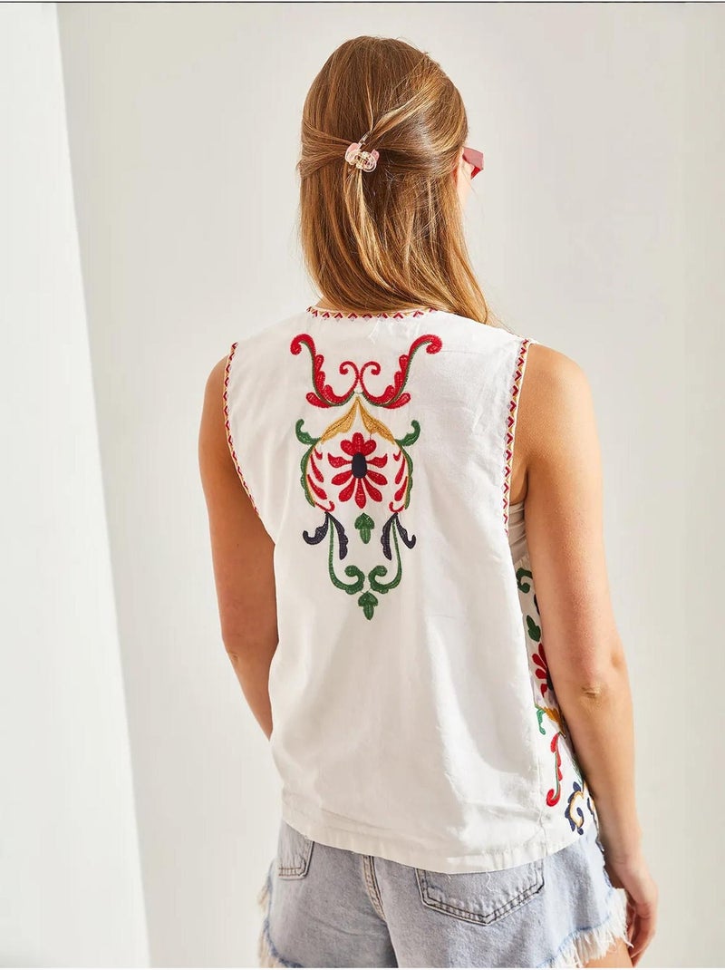 Gilet doublé avec broderies lucci Blanc - Kiabi